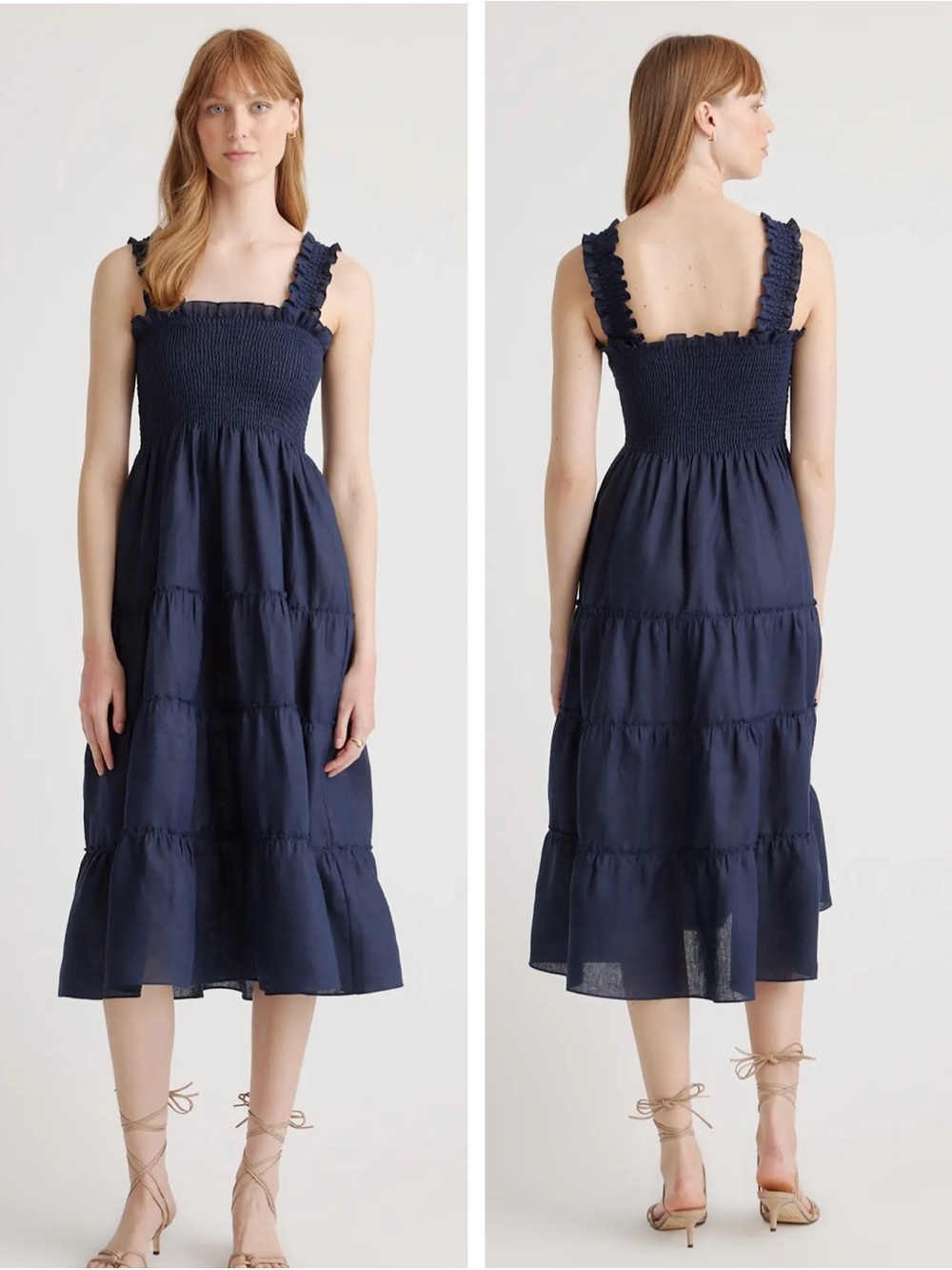 QUINCE 100% Linen Smocked Midi Dress Relaxed Fit Navy Sz XL